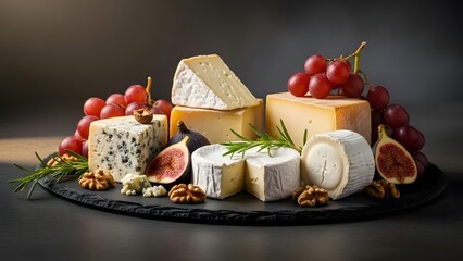 Assortment of gourmet cheeses with fresh figs grapes and walnuts arranged on a black slate platter