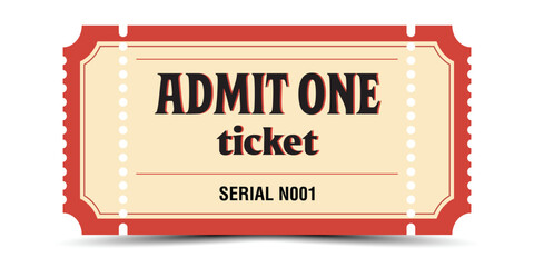Fototapeta premium Vintage Admit One Ticket in Beige and Red with Perforated Border, Retro Typography, and Serial Number – Classic Event Ticket Illustration for Concerts, Carnivals, Festivals, Shows, and Entry Pass Grap
