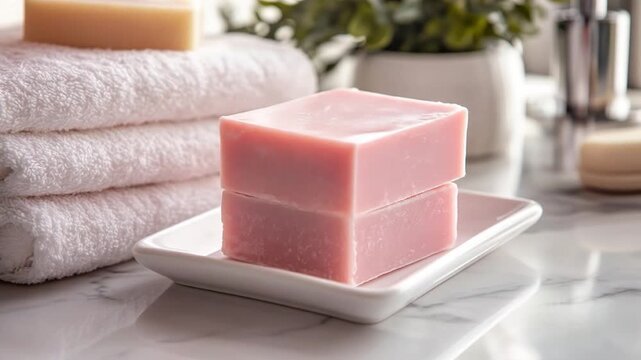 A hand places pink soap onto a rectangular soap dish, with towels in soft focus