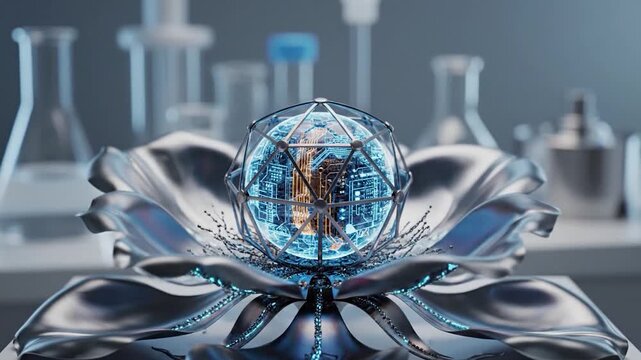 Futuristic metallic rose with glowing blue digital patterns