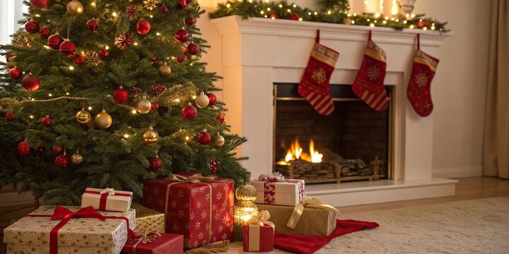 Beautiful living room decorated with Christmas tree, fireplace, stockings, candles and gifts creating warm festive mood with glowing lights. .