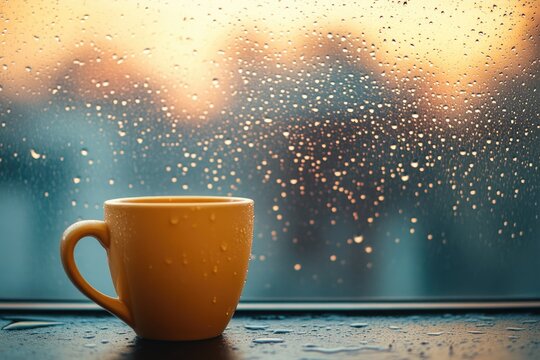Wet yellow mug on sill. Rain-streaked window in background. Soft light, blurred scene. Cozy, tranquil, atmospheric rainy day ambiance. - Powered by Adobe