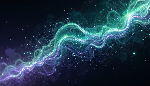 Stunning teal and purple light streaks dance across a dark space background, perfect for modern tech, energy, or futuristic concepts