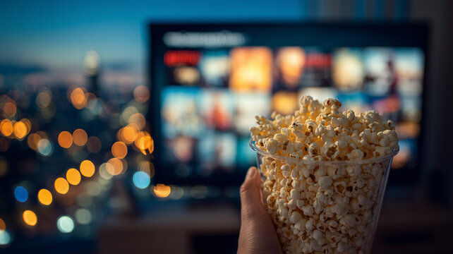 A hand holding a bucket of popcorn in front of a tv screen displaying a movie streaming service interface. Ai generated - Powered by Adobe