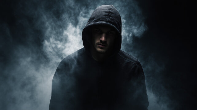 A man in a black hoodie with the hood up, standing against a dark background, surrounded by smoke and mist. Ai generated