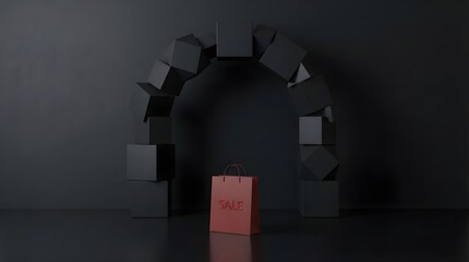 Dark minimalist studio with black cube arch and red shopping bag labeled SALE; geometric retail scene for branding, promotion, and discount advertising.