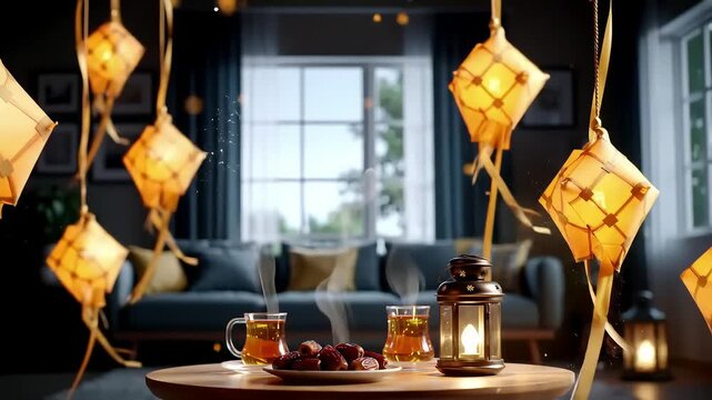Ramadan celebration with ketupat and dates.