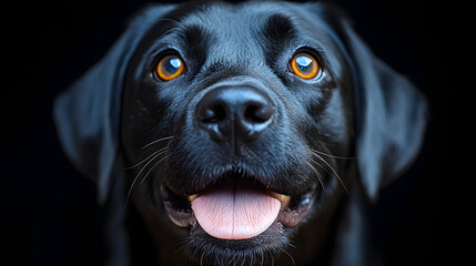 Black dog with bright eyes smiling at the camera against a dark background during a close-up shot
