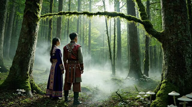 Cultural exploration in mystical forest. Two figures admire nature's beauty under vibrant trees. Ethereal atmosphere captures essence of adventure and discovery.