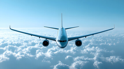 Commercial airplane flying above clouds in clear blue sky during daylight hours