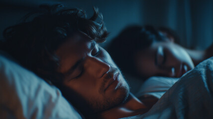 A man sleeping on his back in bed, with a woman lying next to him and covering her ears from his snoring. Ai generated