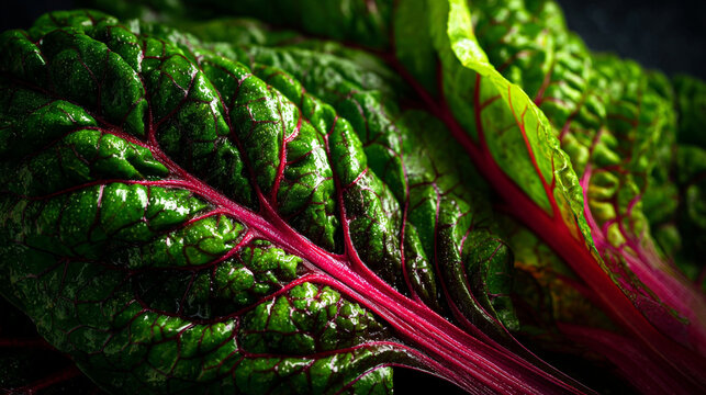 A close up of fresh swiss chard with vibrant red veins and green leaves in a detailed view