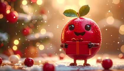 Cute cranberry cartoon character holding gift with Christmas tree background

