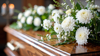 close up of white chrysanthemums arranged on a polished wooden casket during a funeral ceremony, creating a calm and respectful atmosphere