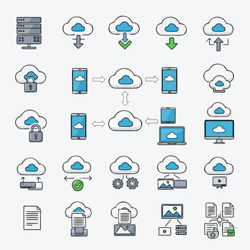 Cloud Computing and Data Networking Icon Set | File Storage and Synchronization Vector