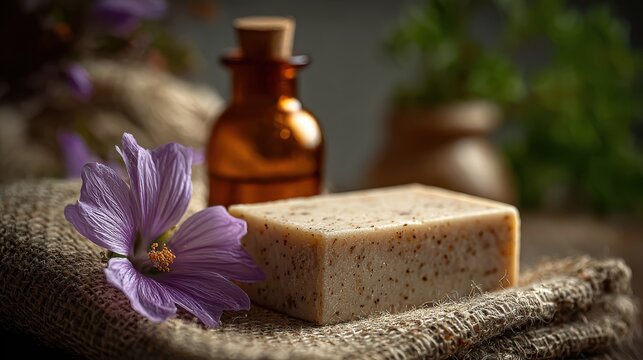 A serene composition featuring a natural soap bar, a glass bottle, and a purple flower on textured fabric, evoking a sense of relaxation and wellness. - Powered by Adobe