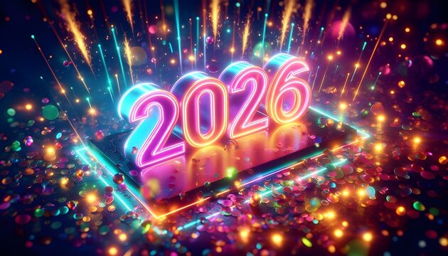Glowing neon 2026 floats amid confetti, spark trails, and bokeh lights, creating a futuristic festive atmosphere.