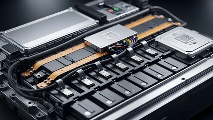 Close up detailed view of an opened electric vehicle battery pack showcasing internal components
