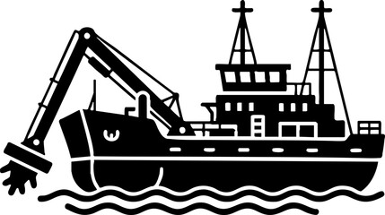 Black Silhouette of Industrial Dredging Ship on Waves Icon