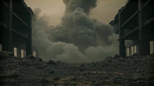 Abandoned industrial site with smoke and destruction.