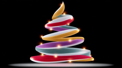 Colorful abstract Christmas tree illustration with swirling ribbons and glowing lights, set against a dark background, creating a festive and joyful holiday atmosphere