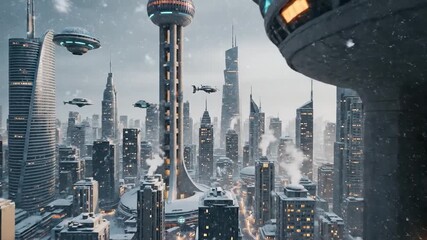 Futuristic snow covered cityscape with advanced transportation and modern architecture - Powered by Adobe