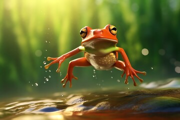 cartoon frog jumping in nature swamp background