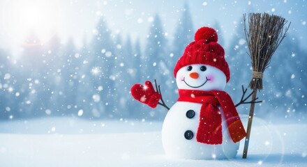 Fototapeta premium Merry christmas and happy new year greeting card with copy-space.Happy snowman standing in christmas landscape.Snow background.Winter fairytale.