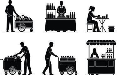Black silhouette vector set of diverse street vendors and food stall sellers working in markets, representing small business commerce, local trade, and urban service activities in design.
