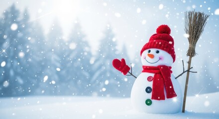 Obraz premium Merry christmas and happy new year greeting card with copy-space.Happy snowman standing in christmas landscape.Snow background.Winter fairytale.