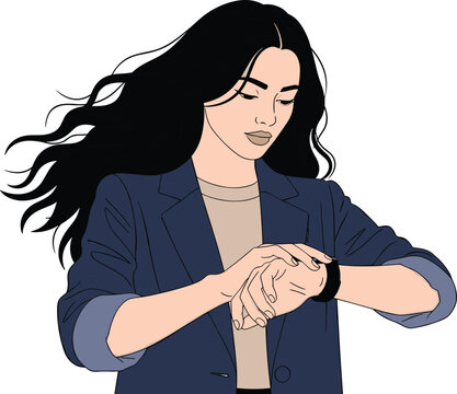 Professional Young Woman in Business Casual Attire Checking Time on a Smartwatch, Conveying Concepts of Time Management, Punctuality, Busy Schedule, and Modern Digital Lifestyle.