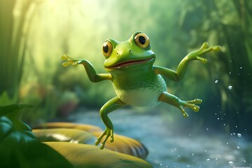 cartoon frog jumping in nature swamp background