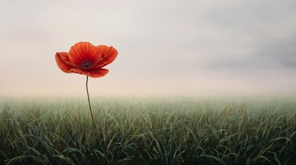 A single red flower in a grassy field