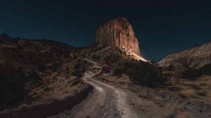 Obraz premium Dark night with a rocky mountain and winding dirt road