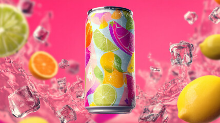 Decorated soda can surrounded by ice cubes and citrus fruit slices