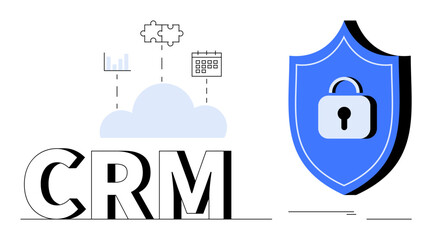 CRM text under cloud with charts, puzzle, calendar, and shield lock. Ideal for customer management, data organization, security, IT services, analytics business strategy simple flat metaphor
