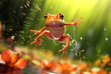 frog jumping in swamp nature blurry background