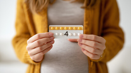 Hand holding a woman's pill strip in front of a pregnant woman's belly, on a white background. this concept image has the number 4 as the focus. Ai generated