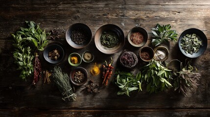 Variety of spices and herbs displayed in bowls and containers