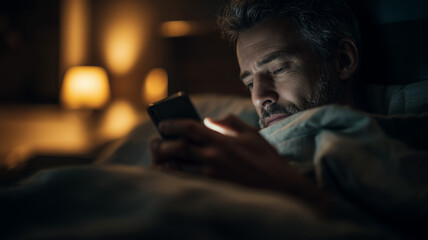 Man in bed holding smartphone at night, close-up of hand with phone screen visible, focusing on the device and man's hands. Ai generated