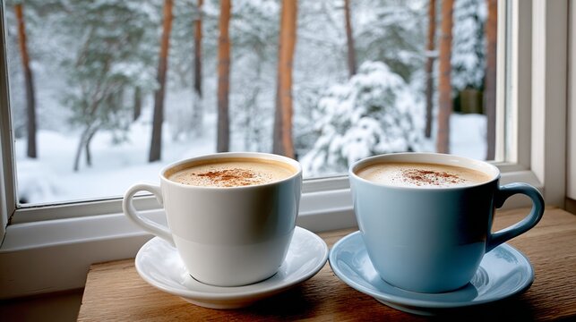 Two coffee cups on wooden table by window, showcasing warm beverages with frothy tops, surrounded by a serene winter landscape of snow-covered trees and a tranquil atmosphere
