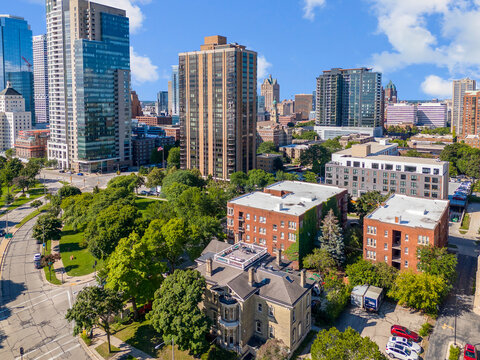 Milwaukee, WI USA - September 09, 2025: Aerial view of downtown Milwaukee Wisconsin taken from approximately the 1200 block of North Prospect Ave looking south