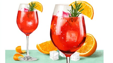 Vibrant watercolor illustration of refreshing cocktails in elegant glasses, garnished with orange slices and rosemary, surrounded by ice cubes and citrus fruits, perfect for summer beverage promotions