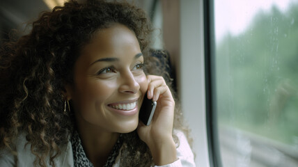 Photograph of a woman on a phone, smiling while sitting in a train and talking to a friend. Ai generated