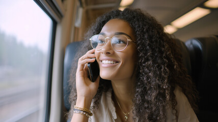 Photograph of a woman on a phone, smiling while sitting in a train and talking to a friend. Ai generated