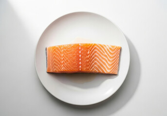 Fresh Atlantic Salmon Fillet on White Plate, Top View. Rich in Omega-3 Fatty Acids