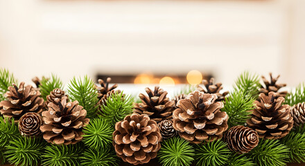 Fototapeta premium Close-up of a festive Christmas decoration featuring pine cones and evergreen branches.