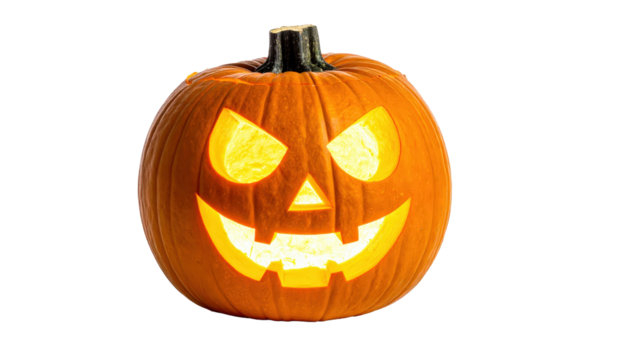 Illuminated Jack O Lantern With Carved On Transparent Background For Halloween Decorations And Spooky Holiday Celebrations