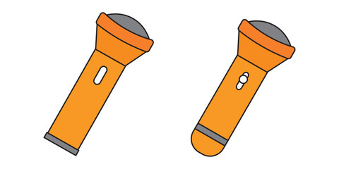 Hand torch flashlight set. collection of electric lantern group in flat style, portable light, battery lamp, emergency beam outline, glowing tool icon bundle.
