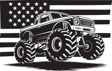 Monster truck with american flag background vector illustration in black and white © MDSHOFIQUL